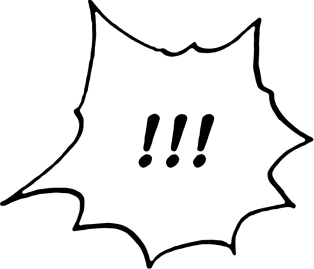 A spiky speech bubble containing exclamation marks